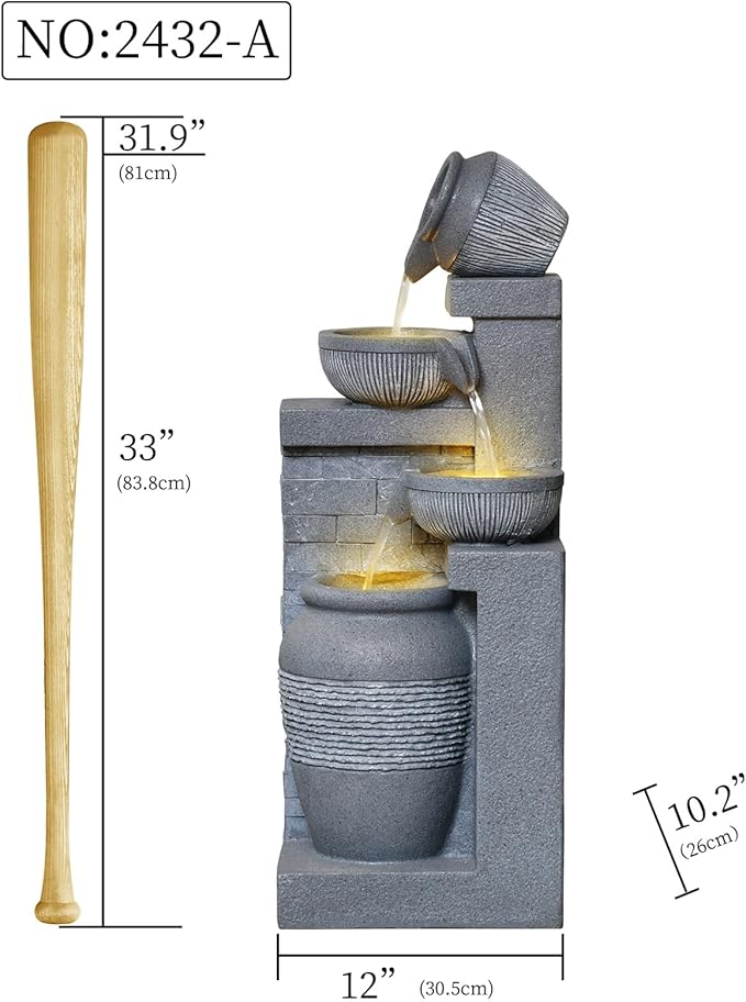 31.89" Outdoor Garden Water Fountain with Lights 4 Tiers Cascading Large Waterfall Floor Standing Fountain for Patio, Backyard, Deck, Porch and Home Art Decor