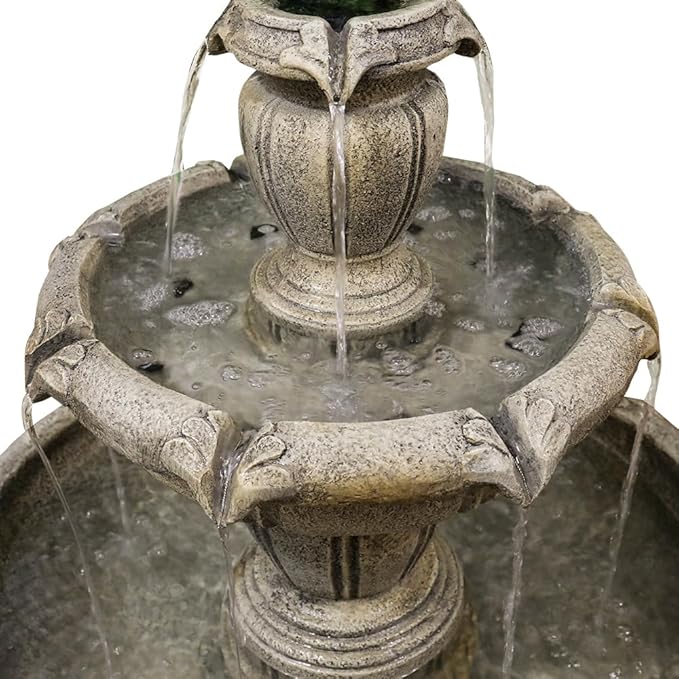 SunJet 48” High Modern Concrete Outdoor Water Fountain - 3 Tiered Large Floor Water Fountain and Waterfalls with Electric Pump for Garden, Patio, Yard, and Deck Decor, Featuring Natural Stone Look