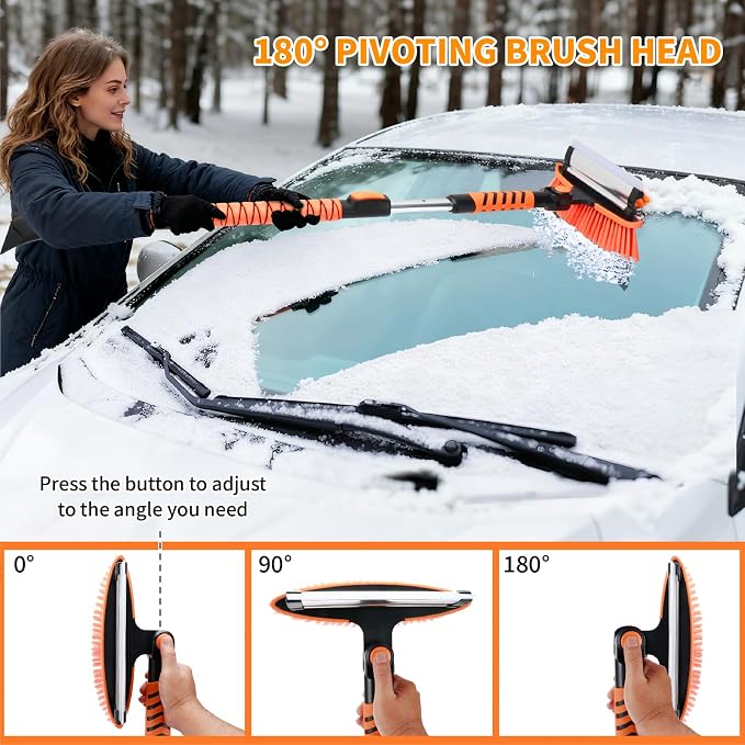 43.3'' Snow Shovel & Snow Brush with Ice Scrapers for Car Windshield,5-in-1 Extendable Thicken Aluminum Tube,180° Pivoting Brush Head & Foam Grip for Christmas, Cars, Trucks, SUVs, Vehicle(Orange - Image 5
