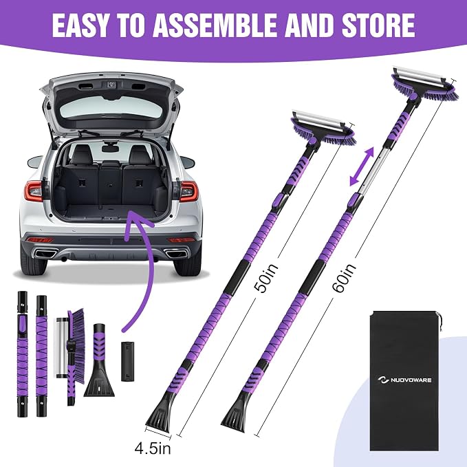 Nuovoware 60" Ice Scraper and Extendable Snow Brush for Car Windshield, 5 in 1 Adjustable Snow Removal Tools with 270° Pivoting Brush Head for Car Auto Truck SUV, Purple - Image 6