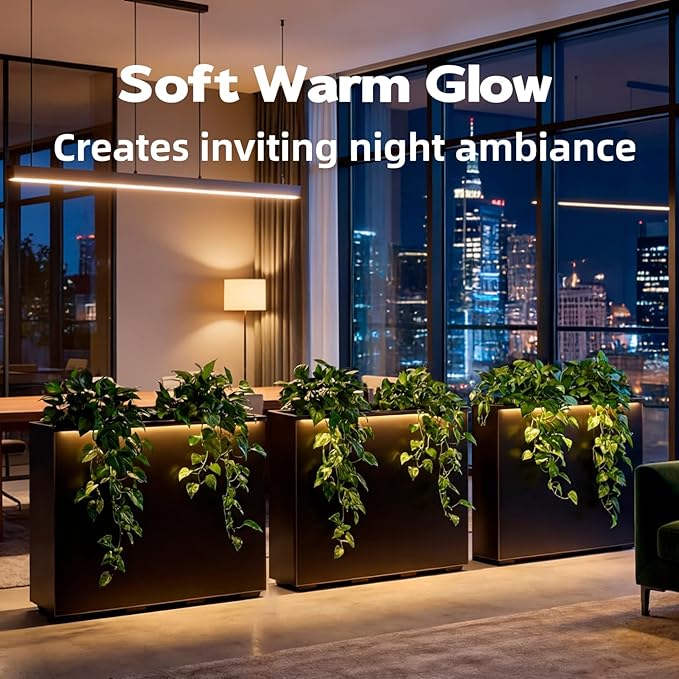 Wallowa Metallic Heavy Outdoor Planter Box with LED Light, Span Planter, Pure Black with Hand Brushed Gold Rim, Long and Tall Divider Planter, No Assembly and Seamless, 38”Lx10”Wx30”H Black