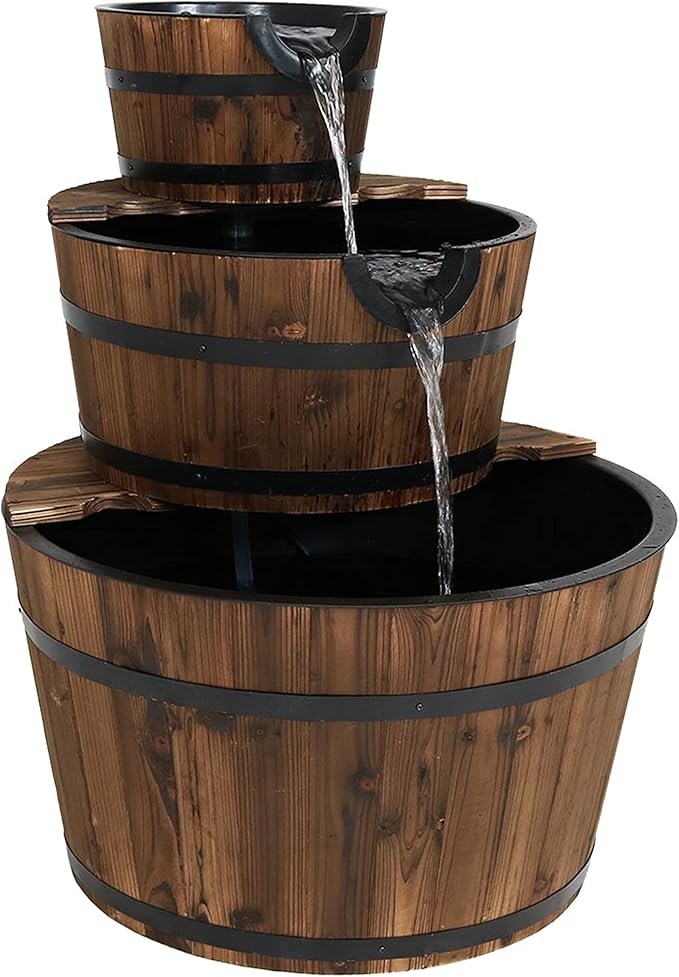 Sunnydaze 3-Tier Wood Barrel Water Fountain - 30-Inch Outdoor Water Fountain Barrel with Submersible Pump - for Garden, Patio, Decks