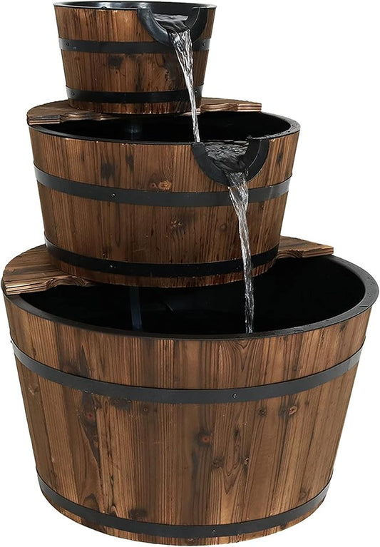 Sunnydaze 3-Tier Wood Barrel Water Fountain - 30-Inch Outdoor Water Fountain Barrel with Submersible Pump - for Garden, Patio, Decks