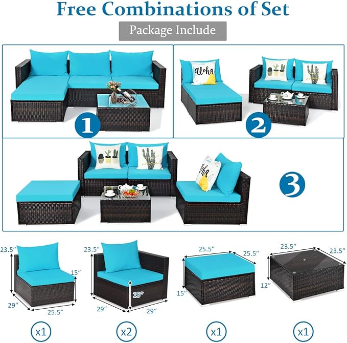 Tangkula 5 Piece Outdoor Patio Furniture Set, Sturdy Frame and Weight Capacity Up to 360 Pound, Wicker Sectional Sofa Set with Glass Top Coffee Table, Porch Garden Poolside Furniture for 4 (Turquoise)
