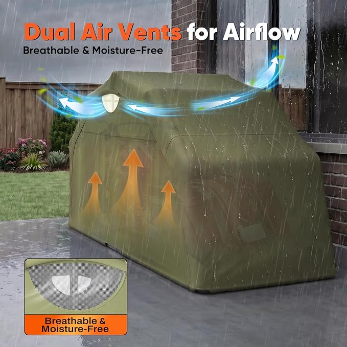 Quictent 136"x 54" Motorcycle Garage Storage Pod Shelter Hard Shell with Code Lock & Carry Bag Heavy Duty Motorcycle Tent with 2 Roll-Up Side Windows - Army Green - Image 6