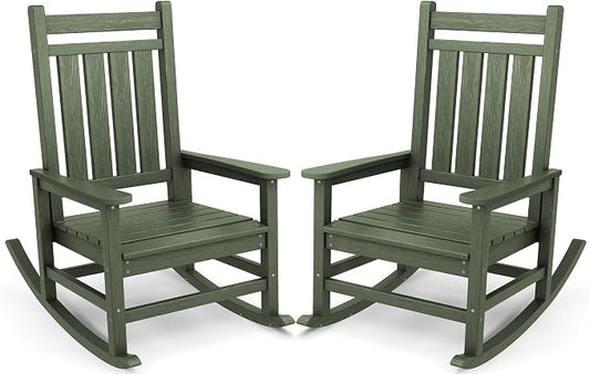 SERWALL Oversized Outdoor Rocking Chair Set of 2, HDPE Rocker for Adults, Patio Rocking Chairs for Porch, Avocado Green by SERWALL