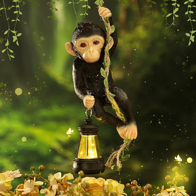 Solar Light Outdoor Monkey Statues Black 7.48 Inch Resin Chimpanzee Baby Monkey Climbing on Vine with LED Lantern Waterproof Hanging Figurine with Hook for Yard Garden Wall