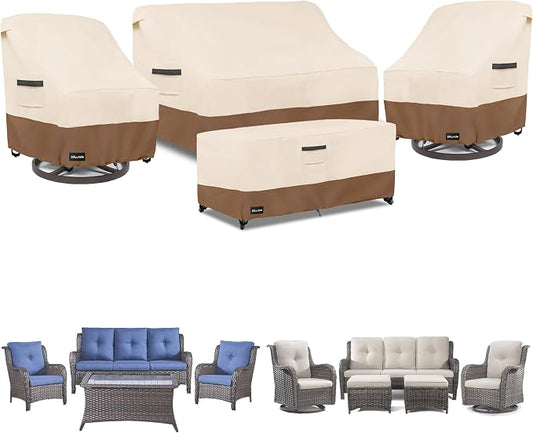 ANartcle Patio Furniture Covers 4 Piece Set, 600D Waterproof Heavy Duty Outdoor Furniture Covers,Fit Wicker Patio Sofa, Swivel Rocker Chair and Coffee Table,Beige&Brown by PatioFurnitureCovers