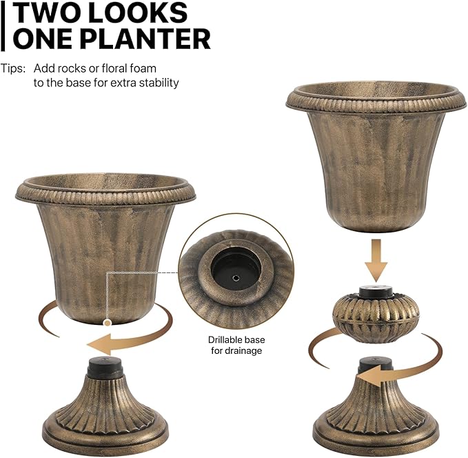 MoNiBloom 20-Inch Plastic Urn Planter Vase Set of 2, for Outdoor Indoor Plants Garden Patio Vintage Decorative Wedding Pedestal Roman Flower Pot Decoration Retro Home Front Porch Door Decor (Brass)