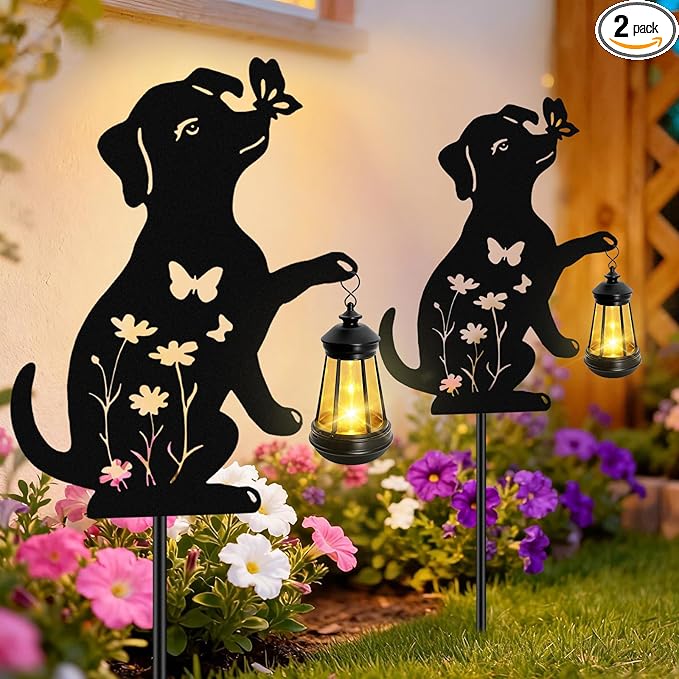 Dog Outdoor Solar Lantern Waterproof, Birthday Gifts for Christmas Women Mom, Solar Hanging Lights with Butterfly Metal Figurine, Garden Decor Outside Patio Yard Pathway Backyard Ornaments, 2 Pack