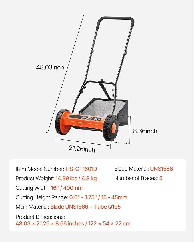 16-Inch Push Reel Lawn Mower, 5-Blade Design, Adjustable Cutting Height from 0.6 to 1.75 Inches, Includes Grass Catcher for Effortless and Even Trimming - Image 5