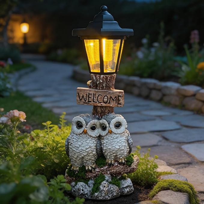 Outdoor Garden Owl Statue with Solar Lights, Owl Figure with Welcoming Sign,for Outdoor Landscapes, Courtyards, Paths,Outside Patio Lawn Decor，Gifts for Women, Owl Lovers