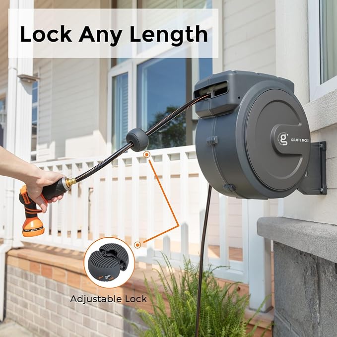 Giraffe Tools Hose Reel 1/2‘’ 78 ft, Heavy Duty Retractable Garden Hose Reel with Any Length Lock, Slow Return System, Wall Mounted and 180 Deg Swivel Bracket - Image 6