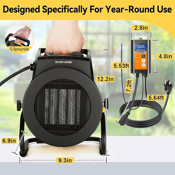 Greenhouse Heater with Thermostat, Outdoor Heaters for Patio, 3 Modes for PTC Ceramic Fast Heating, Overheat Protection, IPX4 Waterproof for Greenhouse, Grow Tents, Patio, Black-Yellow