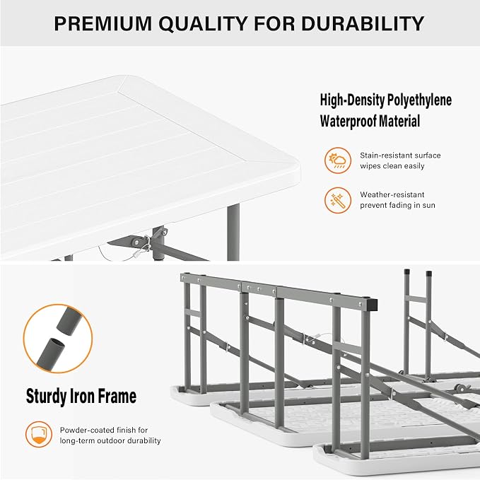 VINGLI Folding Picnic Table and Bench Set, Portable Outdoor Dining Furniture for Camping, Patio, Backyard, Wood Grain Plastic Top with Metal Frame (White) - Image 6