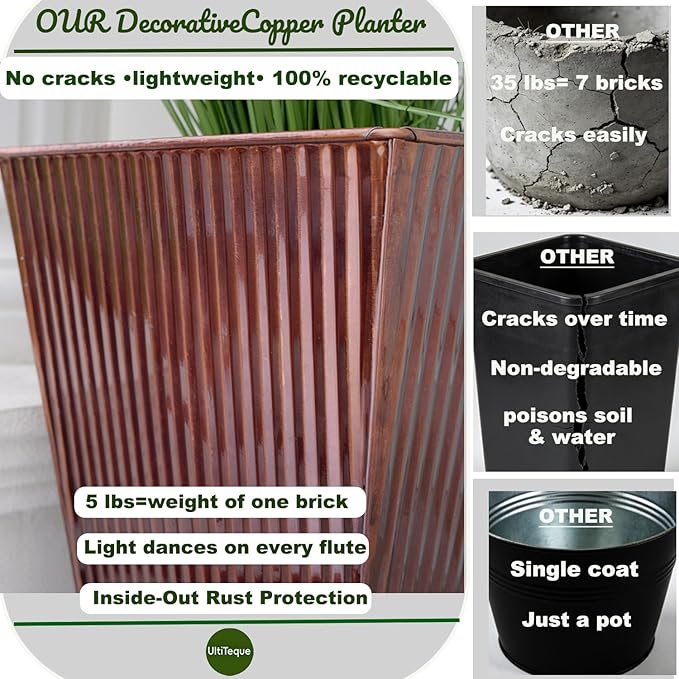 Ultiteque18 H x13 Dia Large Copper Metal Planter Set of 2, Tall Square Tapered Steel Flower pots for Indoor Plants, Indoor Plant Pots Lightweight for Apartment Office, Planter Pots with Drainage&Plug