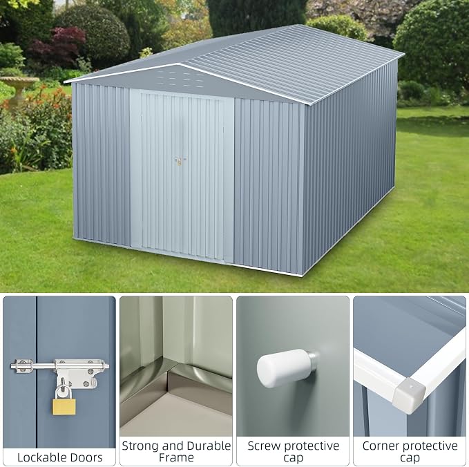 8X12FT Outdoor Metal Storage Shed, Lockable Weatherproof Garden Shed for Tools & Equipment, Durable Galvanized Steel with Sloping Roof & Ventilation, Ideal for Backyard, Patio & Garage Storage, Grey - Image 5