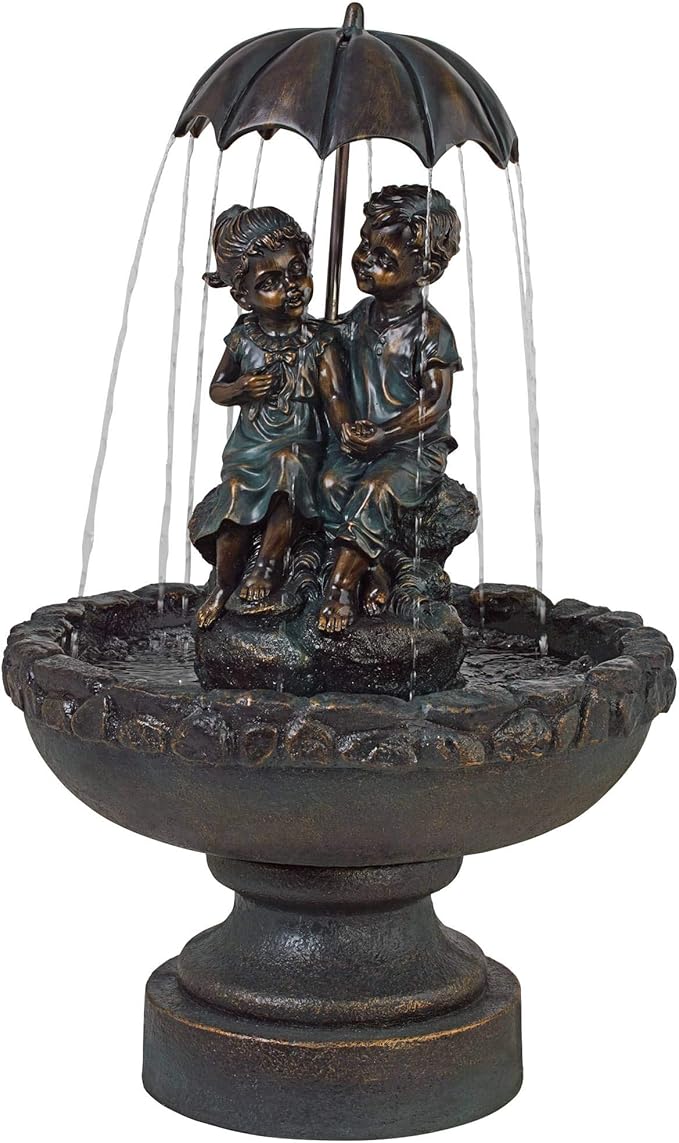 Boy and Girl Under Umbrella 40" High Large Rustic Indoor Outdoor Cottage Core Decor Bronze Floor Fountain Standing Waterfall Basin Water Feature for Outside Garden Patio Yard - John Timberland