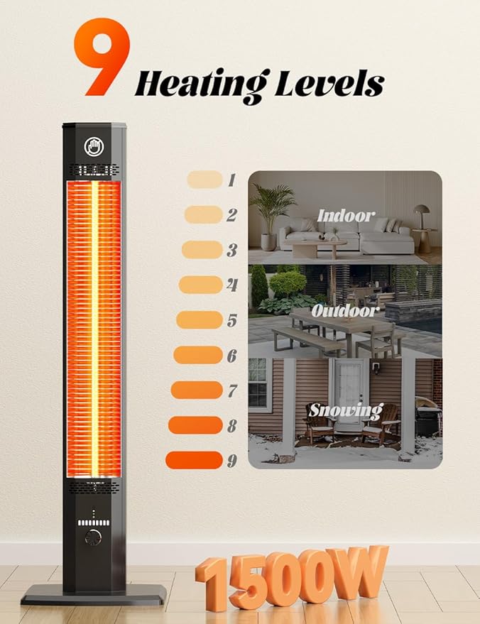 BALKO 42INCH Outdoor Heater, 9 Heat Levels & 540Min Timer, Child Safety Lock, IP65 Waterproof Garage Heater, 1500W Infrared Heating,Tip-Over & Overheat Protection, Patio Heaters for Outdoor Use Indoor