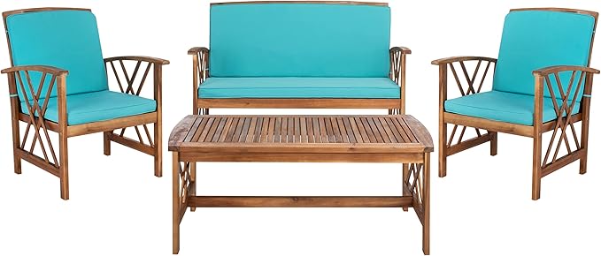 SAFAVIEH Outdoor Collection Fontana Natural/Aqua Cushion 4-Piece Conversation Patio Set