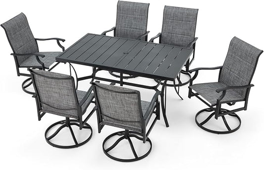BUPPLEE Patio Dining Set for 6, 6 Piece Patio Swivel Chairs with 1 Piece Large Mental Rectangular Dining Table for Backyard Front Porch Pool Deck,Gray by BUPPLEE