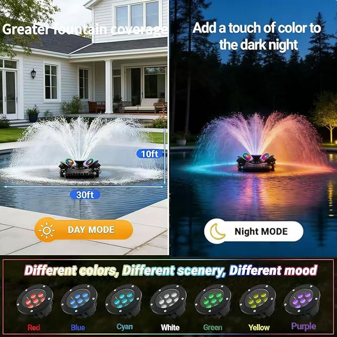 Pond Fountain Aerator with Lights 750W 110V 1 HP with Dynamic RGB Lighting 9 Adjustable Modes Digital Timer | 15,000 GPH 100FT Cord - for Large Ponds Lakes & Outdoor Water Features