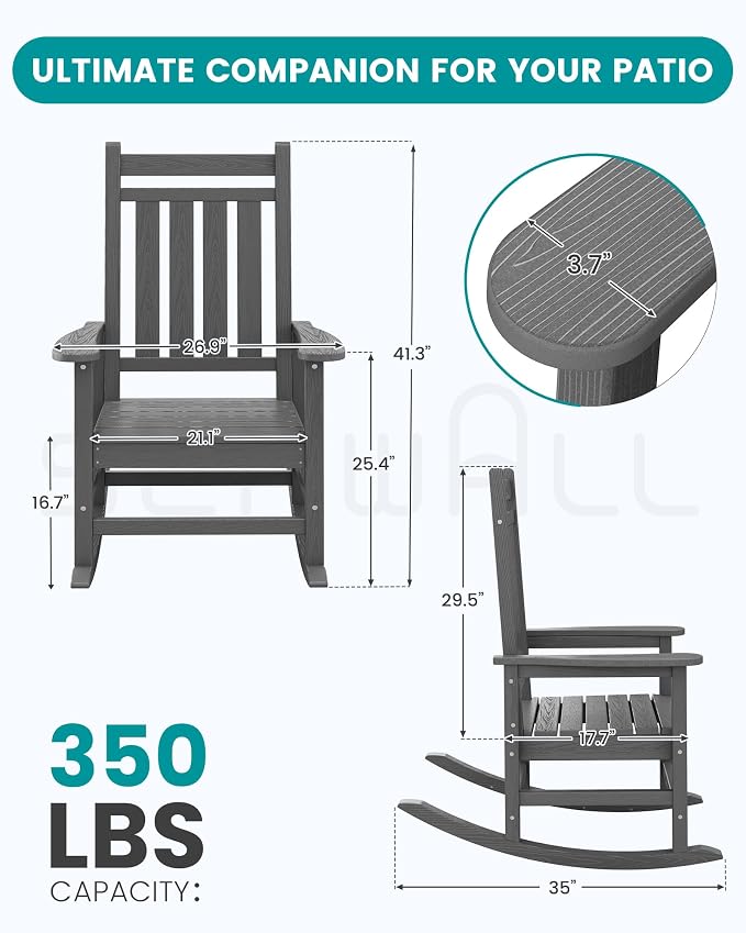 SERWALL Oversized Outdoor Rocking Chair Set of 4, HDPE Rocker for Adults, Patio Rocking Chairs for Porch, Grey - Image 3
