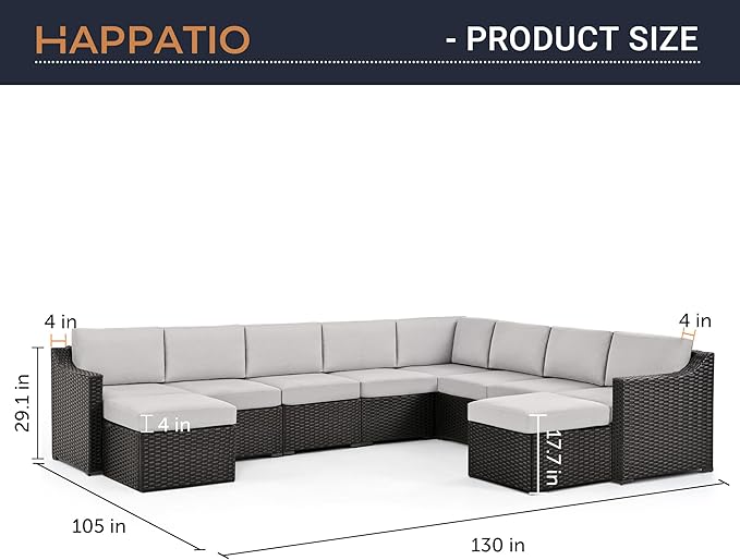 HAPPATIO 10 Piece Patio Conversation Set,All-Weather Patio Furniture Set with Multiple Configuration Options,Rattan Wicker Outdoor Sectional Sofa with Thick Cushions. Easy Setup. (Brown/Gray)