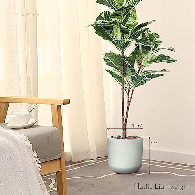 11 Inch White Planter, Large Plastic Plant Pots with Drainage Holes and Rubber Plug, UV Resistant Indoor Outdoor Flower Pot, Modern Decorative Cylinder for Home & Office, Chalk White