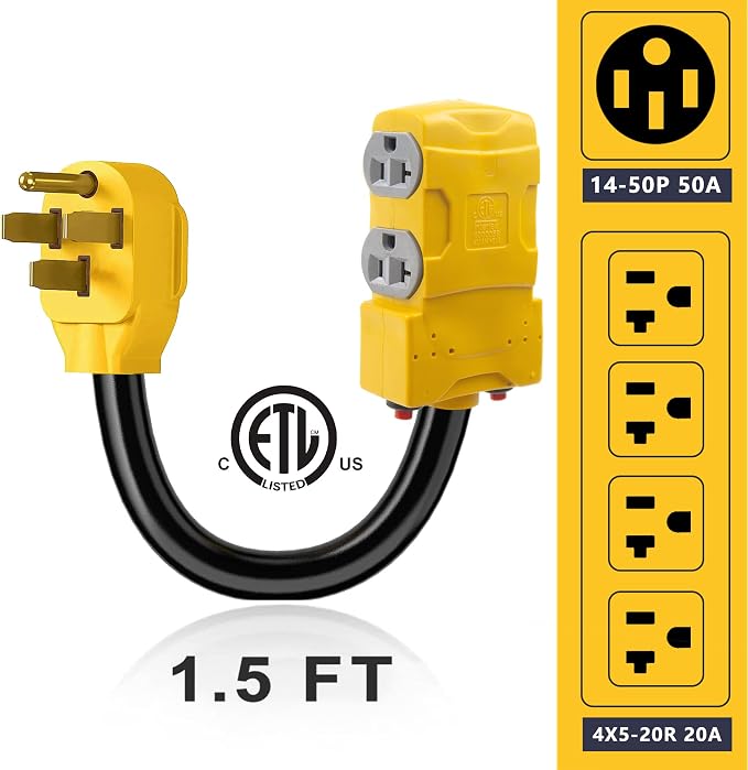 50 Amp to 20 Amp 110V RV Distribution Adapter, NEMA 14-50P to 4 X 5-20R/15R RV Generator Adapter, 4-Prong to Mutiple Household Outlet w/ 20amp Circuit Breaker, 1.5FT - Image 2