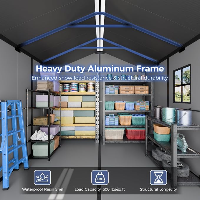 CDCASA 8x6x7 FT Resin Shed with Floor Included, Steel‑Reinforced Large Waterproof Outdoor Storage Sheds with Base & Lockable Door & Window & Vents, Outside Plastic Tool for Outside Patio Backyard - Image 4