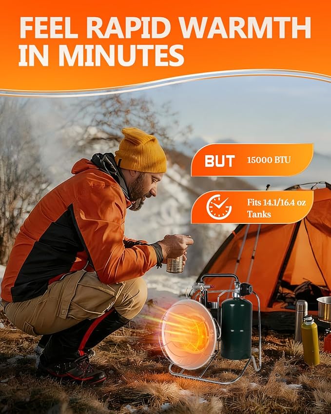 Breeze Touch 15,000 BTU Multi-Use Propane Outdoor Heater with Framed Handle, Tank Top Propane Radiant Heater with 3 Heating Modes for Camping, Fishing, Hunting, Tent, Patio