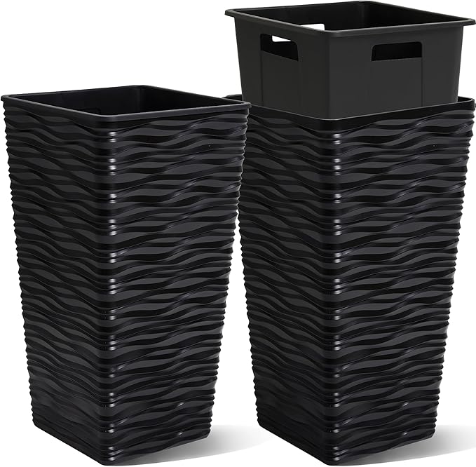 Worth 2 Pack 22" Tall Plastic Square Tapered Planter with Inside Pots for Indoor or Outdoor Use, Modern Wavy Finish for Front Porch or Deck, Black