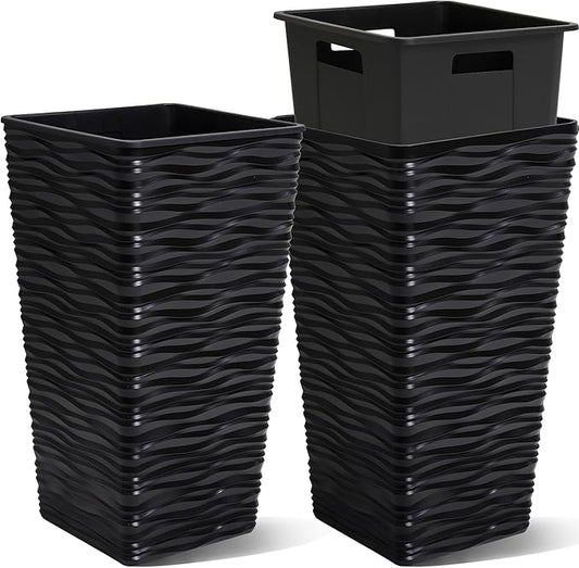 Worth 2 Pack 22" Tall Plastic Square Tapered Planter with Inside Pots for Indoor or Outdoor Use, Modern Wavy Finish for Front Porch or Deck, Black