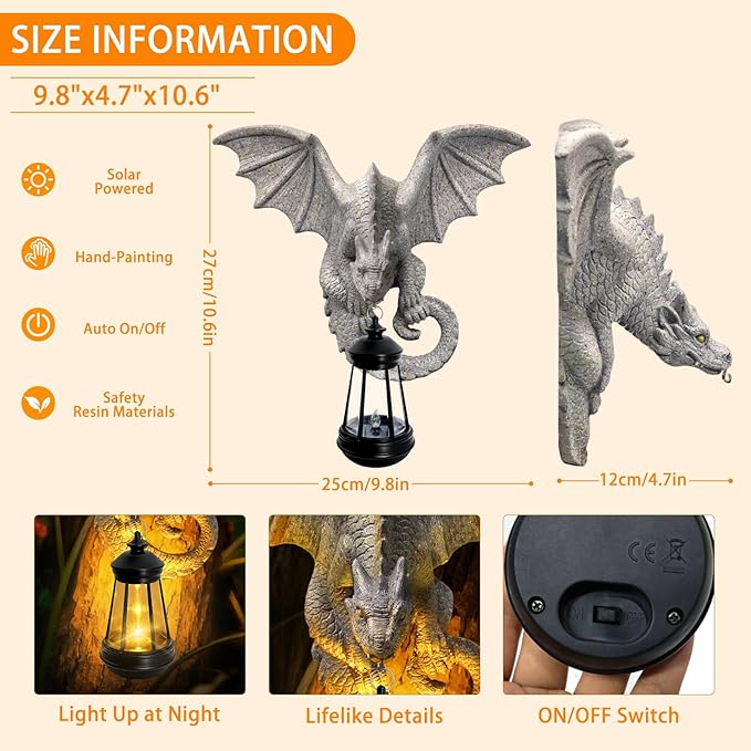 Dragon Tree Hugger Garden Statue - Resin Dragon Figurine Wall Hanger Sculptures Decor with Solar Lantern Lights, Outdoor Waterproof for Balcony Wall Porch Yard, Gifts for Mom Women Grandma Birthday