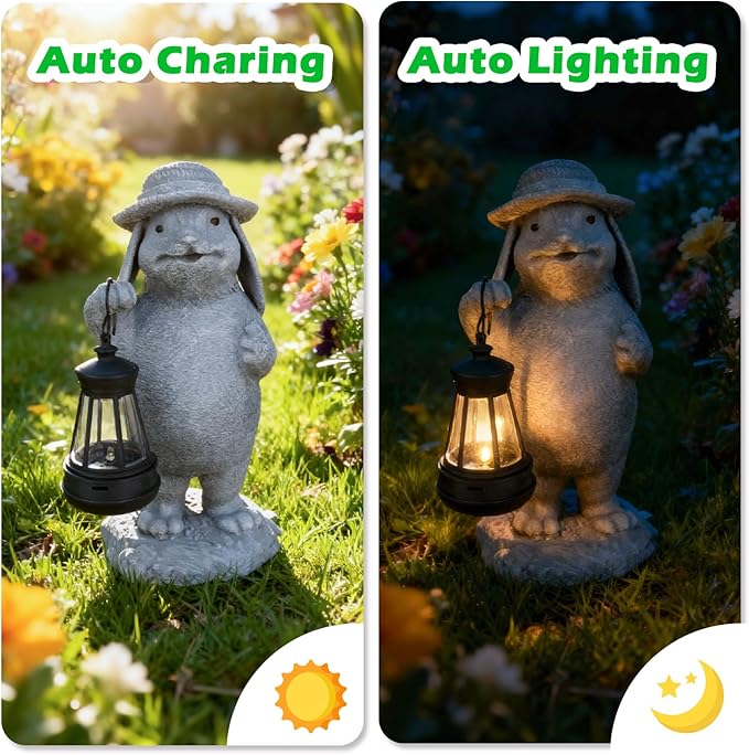 Solar Rabbit Garden Statue with Hanging Lantern - Funny Outdoor Bunny Figurine Easter Decor- Waterproof Resin Sculpture for Yard, Patio, Pathway - Easter Decorations & Birthday Gifts for Mom, Grandma
