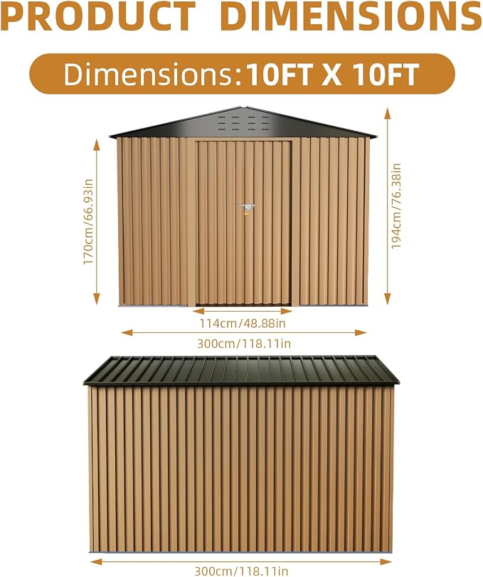 10x10FT Outdoor Metal Storage Shed, Lockable Weatherproof Garden Shed for Tools & Equipment, Durable Galvanized Steel with Sloping Roof & Ventilation, Ideal for Backyard, Patio & Garage Storage, Brown - Image 2