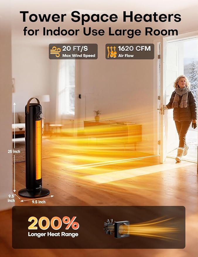 24" Space Heater with 4 Heat Modes, 70° Oscillation, Overheating & Tip-Over Protection Portable Electric Heaters for Indoor Use, 1500W PTC Ceramic Heaters for Large Room/Office/Bedroom