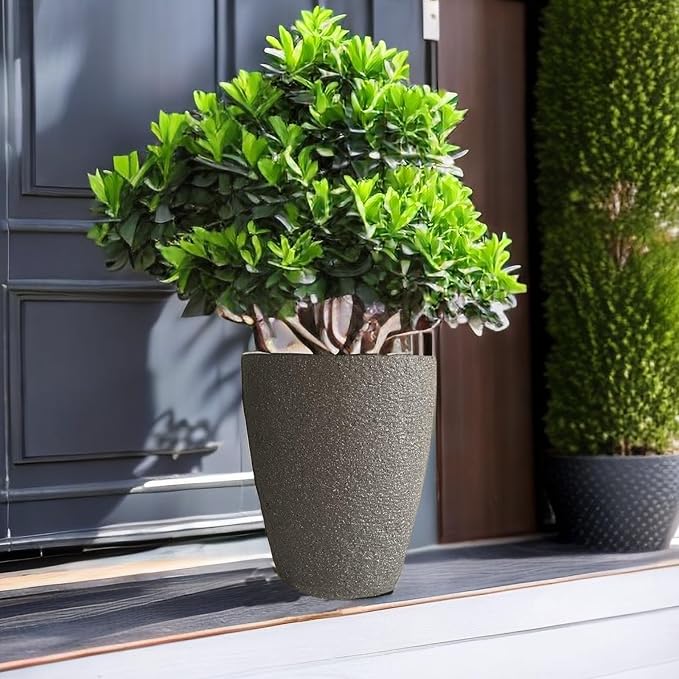 10 inch Garden Planter Lightweight Indoor Outdoor Pots with Drainage Hole for Potted Plants Flowers Greenery, Set of 2 (Speckled Grey)