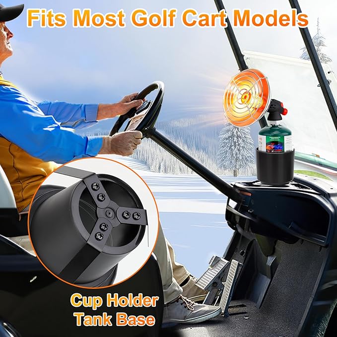 Golf Cart Heater, Portable Propane Heater with Cup Holder Fits Most Golf Cart Accessories Car, Safe Camping Tent Heaters Cordless with Electronic Ignition, Control Valve, Winter outdoor Heating Helper