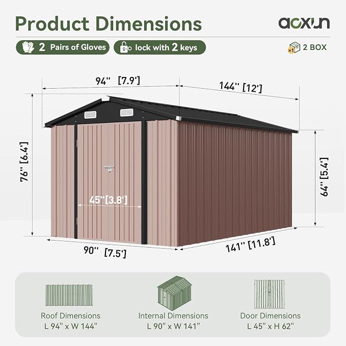 Aoxun 12x7.5 FT Shed Outdoor Storage Shed with Spacious Door Large Sheds with Double Lockable Door Galvanized Metal Shed for Garbage Can, Bike, Mower, Brown - Image 2