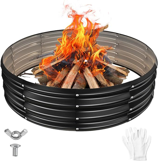 YSEJOMP 48 Inch Round Galvanized Fire Pit Ring/Fire Ring - Foldable and Perfect for Outdoor Gatherings and Campfires in The Yard/Garden/Park/Beach (Black+Gray, 4 FT Diameter+1 FT Tall) by YSEJOMP