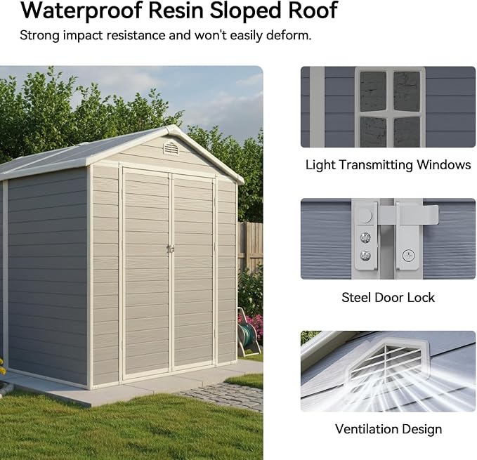 Aoxun 6x8 FT Outdoor Storage Shed, Plastic Garden Resin Shed with Floor and Window for Patio, Lawn, Outdoor Storage with Lockable Door for Bike, Tools, Garbage Can, Grey - Image 5