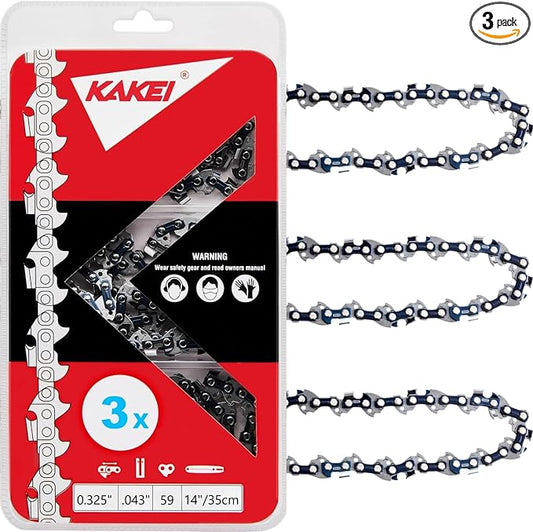 KAKEI 14 Inch Chainsaw Chain .325" LP Pitch .043" Gauge 59 Drive Links Fits Husqvarna 535iXP(2826-20T), Dewalt DCCS674-49162820, N59, 80TXL059G (3 Chains) - Semi Chisel by KAKEI