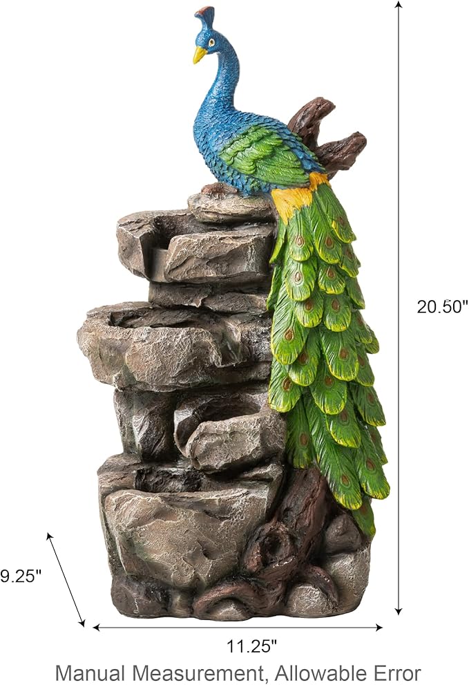 Glitzhome Outdoor Water Fountain,20.5" H Polyresin Outdoor Fountain with Lights, 4-Tierd Peacock W/Stacked Stone Decorative Waterfall Feature Garden Fountain with Pump for Garden, Patio, Porch Decor