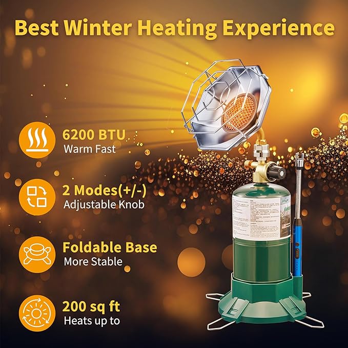 Portable Propane Camping Heater, 6200BTU 2-in-1 with Cup Holder & Base, Cordless Heater for Tent, Garage, Fishing, Compatible with 1lb Propane Tank (Fuel Not Included)