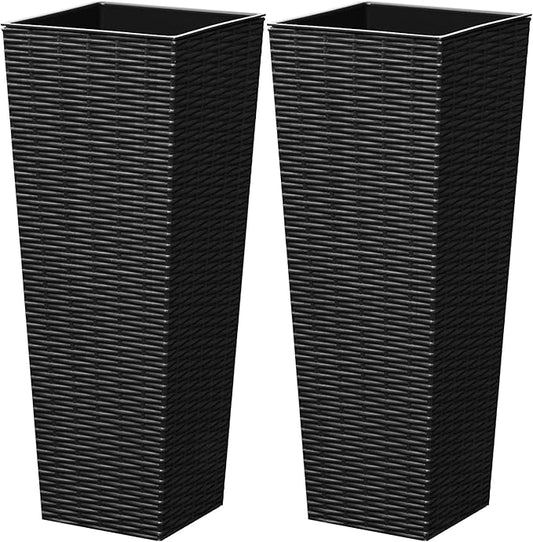 24 Inch Tall Plastic Planters (Set of 2), Detachable Inner Pot & Drainage Holes, Outdoor Decorative Flower Pots for Large Plants, Trees, Patio, and Garden, Black