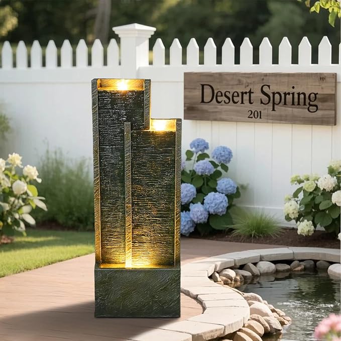 35.4" H Modern Indoor Outdoor Waterfall Fountain with Gentle Sound, Resin Garden Water Fountain Outdoor with Lights, Black Stream Panel Floor-Standing Garden Feature for Patio, Balcony, or Home Decor