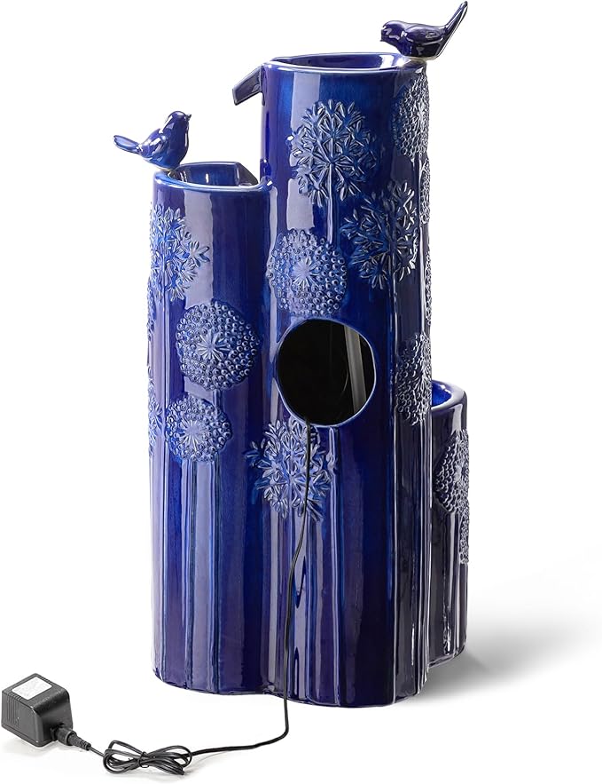 Glitzhome Water Fountain Outdoor with LED Lights, 4-Tier Vase Shaped Ceramic Outdoor Fountain, Dandelion Glaze Water Fountains Feature for Garden Backyard Patio, Cobalt Blue, 31.7”H