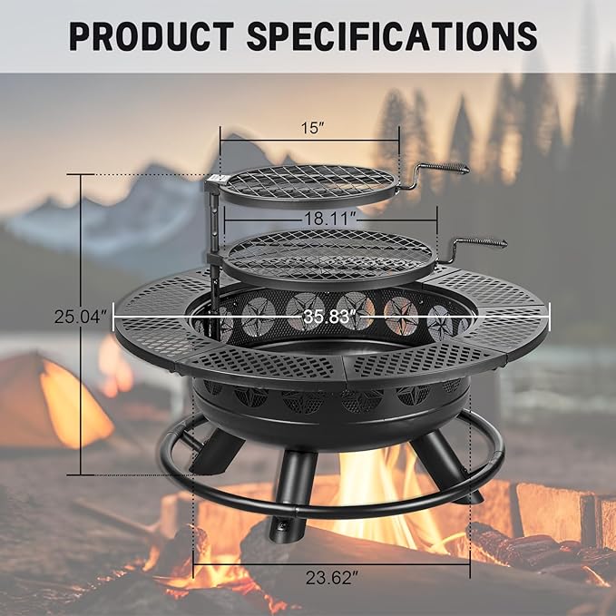 36 Inch Fire Pit with 2 Cooking Grills,Outdoor Wood Burning BBQ Firepit with Lid, 3-in-1 Outdoor Fire Pit for Backyard Deck Bonfire Patio Picnic(Black) - Image 6